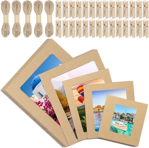 Swpeet 105Pcs Paper Photo Frames Set, Hanging Photo Display Frames, Cardboard Picture Frames, Includes 3 Inch/4 Inch/5 Inch/6 Inch/7 Inch Hanging Album Frame Each for 10Pcs, 50Pcs Clips, 5Pcs String in Saudi Arabia
