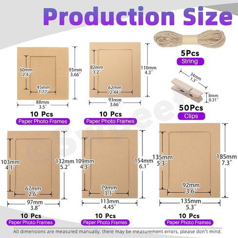 Swpeet 105Pcs Paper Photo Frames Set, Hanging Photo Display Frames, Cardboard Picture Frames, Includes 3 Inch/4 Inch/5 Inch/6 Inch/7 Inch Hanging Album Frame Each for 10Pcs, 50Pcs Clips, 5Pcs String in Saudi Arabia