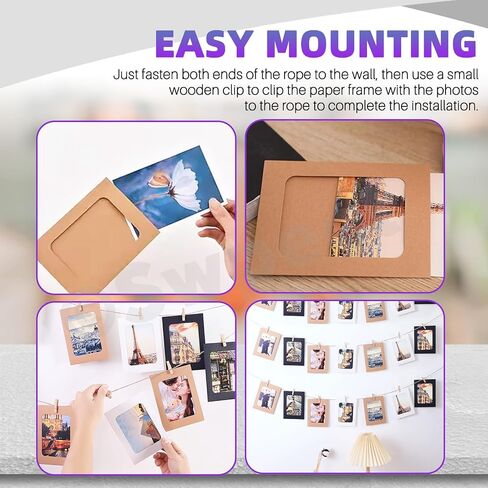 Swpeet 105Pcs Paper Photo Frames Set, Hanging Photo Display Frames, Cardboard Picture Frames, Includes 3 Inch/4 Inch/5 Inch/6 Inch/7 Inch Hanging Album Frame Each for 10Pcs, 50Pcs Clips, 5Pcs String in Saudi Arabia