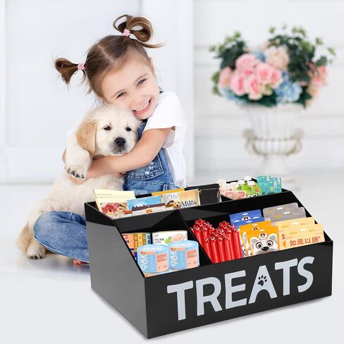 Acrylic Dog Storage Organizer,Dog Treat Station with dividers,Trapezoid Dog Treat Container for Countertop,Cat Treat Storage Bin,Ideal for Dog Cat Bagged Snack or Can Food-Clear in Saudi Arabia