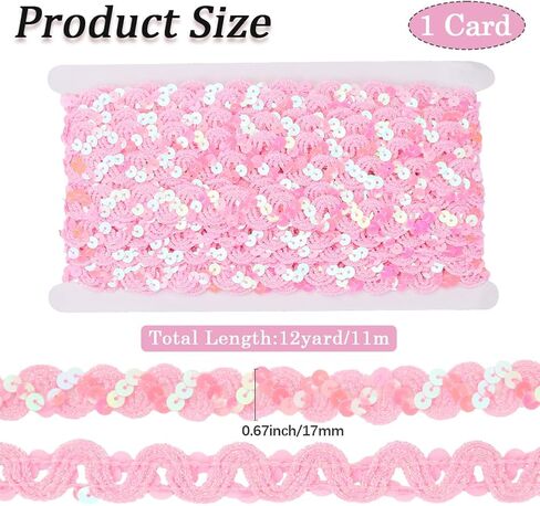 12 Yards Pink Sequin Trim Flat Sequins Beaded Strip Rick Rack Wave Woven Braided Trimming Metallic Glitter Ric Rac Fabric Ribbon Bulk for Sewing Making Craft Upholstery Home Decor Diy Supply in Kuwait