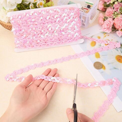 12 Yards Pink Sequin Trim Flat Sequins Beaded Strip Rick Rack Wave Woven Braided Trimming Metallic Glitter Ric Rac Fabric Ribbon Bulk for Sewing Making Craft Upholstery Home Decor Diy Supply in Kuwait