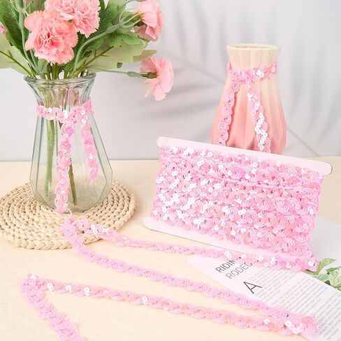 12 Yards Pink Sequin Trim Flat Sequins Beaded Strip Rick Rack Wave Woven Braided Trimming Metallic Glitter Ric Rac Fabric Ribbon Bulk for Sewing Making Craft Upholstery Home Decor Diy Supply in Kuwait