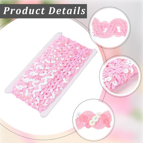 12 Yards Pink Sequin Trim Flat Sequins Beaded Strip Rick Rack Wave Woven Braided Trimming Metallic Glitter Ric Rac Fabric Ribbon Bulk for Sewing Making Craft Upholstery Home Decor Diy Supply in Kuwait