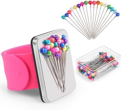 Magnetic Pincushion Wristband Rose Red 9.5" with 100 Pcs 1.5 Inch Colorful Ball Head Sewing Pins Set, Magnetic Pin Cushion Wrist Holder for Sewing, Silicone Wrist Pin Holder for Quilting and Braiding in Saudi Arabia