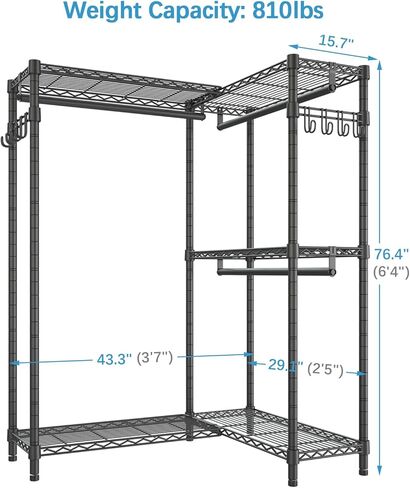 رف ملابس الملابس Vipek L4S على شكل ملابس على شكل زاوية ، رف الملابس الخزانة المحمولة القائمة بذاتها مع 3 قضبان معلقة وخطوط جانبية ، 43.3 "LX29 in Kuwait