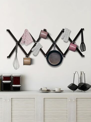 Expandable Wooden Coat Rack Hanger – Accordion Wall Mounted Pine Wood Hooks – Hand Made Vintage Expending Pegs – Hang Coat, Jacket, Hat, Leash, Towel, Mug, Bag – Distressed White in Saudi Arabia