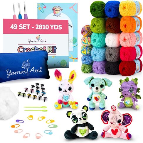 YammiAmi Beginner Crochet Kit for Adults & Kids - 98 Pc Amigurumi Crochet Kit for Starters - 1,620 Yards, 45 Skeins 20g/36yds Each Yarn, Learn to Crochet Kit, Crochet Accessories Set in Saudi Arabia