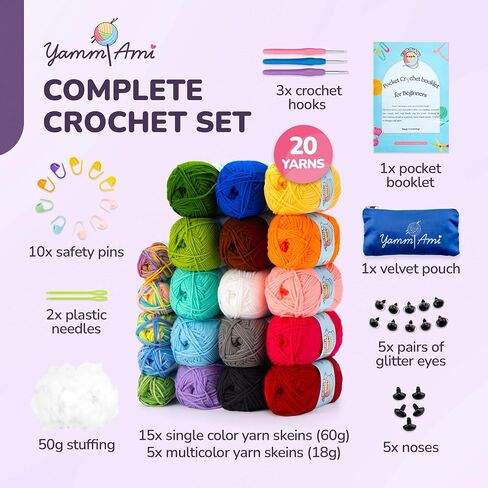 YammiAmi Beginner Crochet Kit for Adults & Kids - 98 Pc Amigurumi Crochet Kit for Starters - 1,620 Yards, 45 Skeins 20g/36yds Each Yarn, Learn to Crochet Kit, Crochet Accessories Set in Saudi Arabia