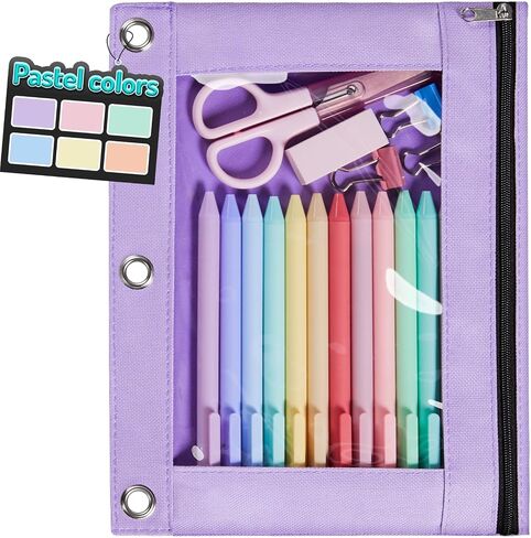 Forvencer Pencil Pouch for 3 Ring Binder, Pastel Pencil Case with Smooth Zipper, Cute Soft Pencil Bag with Clear Window & 3 Reinforced Grommets, Big Capacity Binder Bag, School Office Supplies, Purple in Kuwait