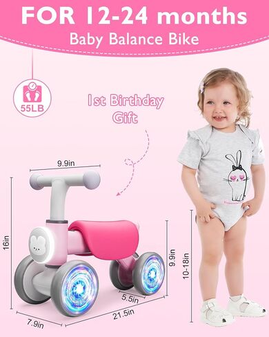 Colorful Glow Wheel Toddler Balance Bike,Baby Toys for 1 Year Old Boy Girls,12-24 Months Baby Balance Bike with Soft Music Cute Animal Sound,1st Birthday Gifts in Saudi Arabia