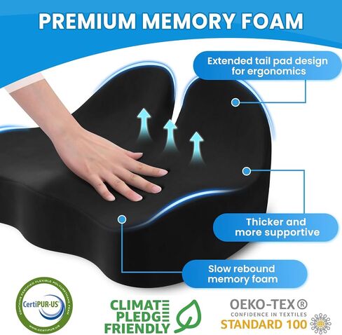 Seat Cushion, Memory Foam Office Chair Seat Cushion for Office Chairs/Car/Long Trip/Desk Chair/Gaming, Extra Large Size for Sciatica & Hip & Tailbone Pain Relief, Sciatica Support (Black) in Kuwait