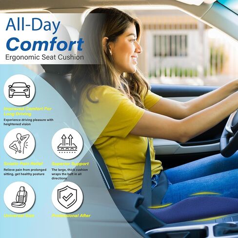 Car Seat Cushion: Ergonomic Memory Foam Seat Cushion for Sciatica Pain Relief, Larger Driving Seat Cushion for Short Drivers on Long Drives - Butt Seat Cushion For Car-Truck, Office - Black in Saudi Arabia
