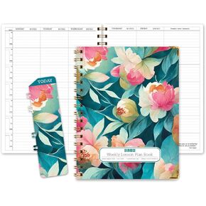Elan Publishing Company HARDCOVER 7 Period Dated Teacher Lesson Plan; Days Horizontally Across The Top Dated for 2025-2026 Academic Year with Bonus Clip-in Bookmark (Teal Floral) in Kuwait
