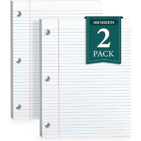 Loose Leaf Paper, Notebook Paper, 8 x 10.5 College Ruled Paper, 3 Hole Punch Binder Paper, Lined Paper for 3 Ring Binders, College Ruled Paper, 100 Sheets/Pack Filler Paper (2 Pack)