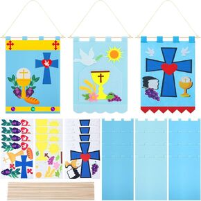 12 Set First Communion Banner Craft Kit Felt Holy 1st Communion Banner Church and Sunday School Crafts for Kids DIY Craft Supplies Decor, 9 x 12 Inches(Vibrant Color)