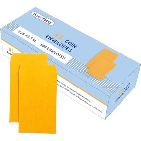 #1 600 Pcs Small Coin Envelopes 2.25" x 3.5" with Gummed Flap, Yellow Kraft Mini Envelopes for Storing Keys, Stamps, Seeds, Tips and Small Items (600)