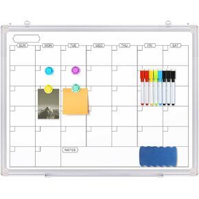 Dry Erase Calendar Whiteboard for Wall, 24 x 18 Inches Magnetic Monthly White Board Calendar, Aluminum Frame Planner WhiteBoard with Markers, Eraser, Magnets