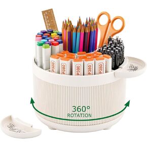 360 Degree Rotating Pen Holder for Desk, 2025 Upgraded Spinning Desk Organizer for Stationery, Pen, Pencil, Marker, Makeup Brush with 2 Detachable Small Trays, Multi-color Choice - Beige