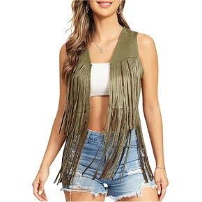 Verdusa Women's Tassel Sleeveless Vest 70s Hippie Faux Suede Fringe Jacket Cardigan in Saudi Arabia