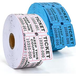 L LIKED 2000 Raffle Tickets Double Rolls 50/50 Stub Tickets with Consecutive Numbers 1000 Pairs per Roll,2 Rolls-Blue,Red
