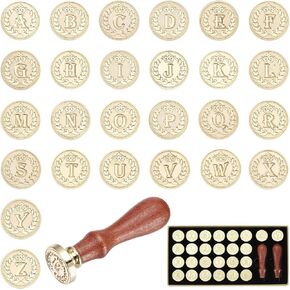 PATIKIL Brass Letter Wax Seal Stamp Heads & 2Pcs Ergonomic Handles Kit, 26 Custom A-Z Plant Leaves Monogram Wax Sealing Set for Envelopes Wedding Party Invitations, Vintage Brown Gift Box