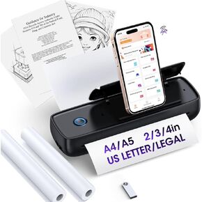 Inkless Portable Printer Wireless for Travel - 504DPI High Resolution, 4200mAh Battery, Thermal Mini for A4/A5/US Letter, Bluetooth & USB, Lightweight Wireless Printer for Home/Office, Black