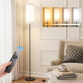 Floor Lamp for Living Room, Modern Standing lamp with Remote Control, Stepless Dimmable 12W Bulb & Beige Lampshade Included, Black Pole Tall Floor Lamp for Bedroom Office