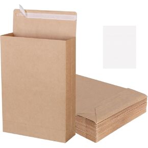 25 Pack 9.4" x 13.2" Large Kraft Expandable Catalog Envelopes, Self Seal Manilla Envelopes Mailing for Documents, Magazines, Photos (Extra labels for Use)