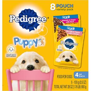 Pedigree Puppy Soft Wet Dog Food 8-Count Variety Pack, 3.5 Oz Pouches, 8 Count (Pack of 1)