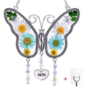 عيد الأم Suncatcher Butterfly مع أجنحة الزهور المضغوطة خطافًا مجانيًا ، والرياح الزجاجية على شكل فراشة مع أزهار حقيقية ، عيد ميلاد للجدة (الأزرق والأبيض ، الجدة)