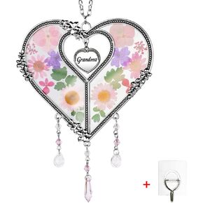 Heart Suncatcher مع زخرفة الزهور المضغوطة مدخات الرياح الزجاجية مع الزهور الحقيقية ، عيد ميلاد للشخص المفضل (الجدة)
