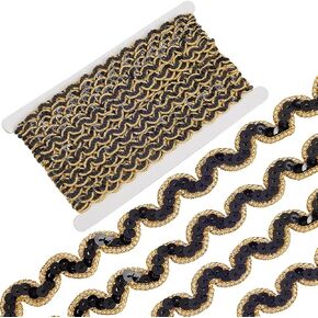 14.22 Yards Black Gold Sequin Trim Flat Polyester Paillette Wavy Edge Strips Scroll Lace Trimming Glitter Metallic Sequins Ribbons for Sewing Making Party Decorations DIY Art Craft Supply