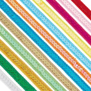 AHANDMAKER 12 Colors 26.25 Yards Sequin Ribbon Trim, 0.5Inch Flat Sequin Strip Trim, Glitter Paillette Ribbon Sequins Sewing String for Crafts Embellishment Headband Dress Halloween Costume Home Decor