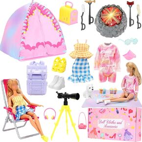 Miunana 35PCS Doll Camping Playset for 11.5" Girl Dolls - STEM Tent with Backpack, BBQ Grill & Stargazing Tools Pretend Play Outdoor Adventure Toy