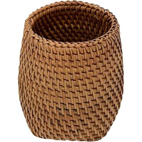 Hand Woven Natural Rattan Pen Holder – Handmade Wicker Organizer for Desk Accessories, Makeup Brushes, Remote Control – 3.1" x 4" Storage Caddy for Home, School, Office – 1 Pc (Tower)