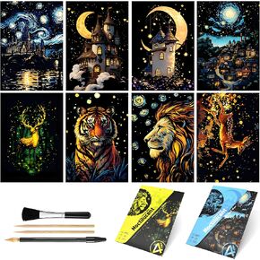 AP ARTSPER 8 Sheet Glow in The Dark Scratch Art Rainbow Painting Paper | Engraving Craft Scratchboard(A5) for Kids Teens & Adults, Sketch Card Creative Toy DIY Projects (Animal/Castles)
