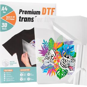 KASYU DTF Transfer Film,-A4(8.3" x 11.7") 30 Sheets Glossy Direct to Film for All DTF&DTG Printer, Pretreat Transparency Iron-on Transfer Paper & 1 Pcs Sticker for DTF Sublimation Inkjet Printer