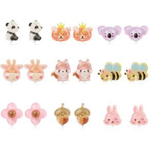 9 Pairs Kids Clip on Earrings, Girl Clip on Earrings Children's Non Perforated Ear Set Dress up Princess Jewelry Accessories Princess for Girls (Cute Animals)