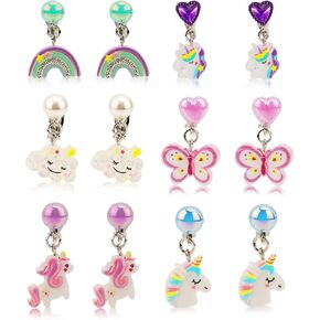 6 Pairs Colorful Clip on Drop Earrings, Resin No Pierced Design Kids Earrings Cute Unicorn Rainbow Butterfly White Clouds Dress Up Eardrop Stud Jewelry for Party Daily Wearing