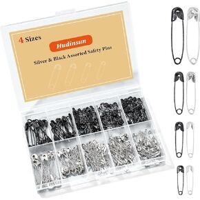 210 PCS 4 Different Sizes Silver and Black Safety Pins Assorted, Small and Large Safety Pins Bulk for Clothes and Sewing