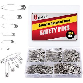 Optomni Safety Pins - 400 Pack, 6 Assorted Sizes (0.75"-2.17"), Strong Black Nickel-Plated Steel for Clothes, Sewing, and Crafting