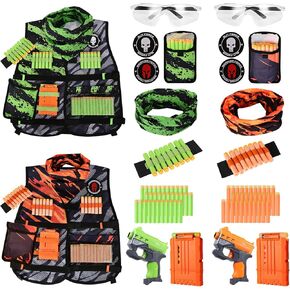 Kids Tactical Vest Kits for Foam Blaster with Refill Darts,Darts Magazine,Wrist Band,Tactical Mask,Protective Goggles Green & Orange 2 Pack