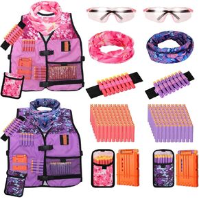 Kids Tactical Vest Kits for Foam Blaster with Refill Darts,Darts Magazine,Wrist Band,Tactical Mask,Protective Goggles for Girls Pink&Purple 2 Pack