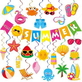 زخارف الحفلات الصيفية - 61 PCS Beach Pool Party Decorations Hello Summer Banner Banner Beach Treams Treams Decor