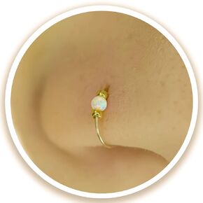 حلقة الأنف الذهب 14K - حلقة أنف أوبال بيضاء ، مقياس رفيع وميثاق 24 ، 7 مم - مجوهرات أنف دقيقة وأنيقة مصنوعة يدويًا للنساء ، مثالية للارتداء اليومي