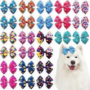 24Pcs/12 Pairs 4" Big St. Patrick's Day Dog Hair Bows with Rubber Band Three - Leaved Shamrocks Hat Beer in Red Pink Blue Purple for Large Breed Dogs Topknot Holiday Grooming Hair Accessories