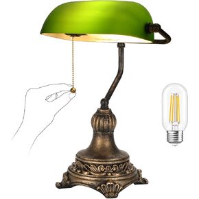 NISSAFORS Bankers Lamp with Pull Switch, Green Glass Desk Lamp with Retro Black/Gold Finish, Vintage Table Lamps for Living Room, Home Office, Library, Piano LED Bulb Included (Green)