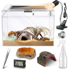 Reptile PC Terrarium, Anti Breakage 12x7x9 inch Amphibians Tank Starter Kits, Top Sliding Door Screen Ventilation Mini Habitat Cages, Hygrometer Thermometer, Hide Cave, Tweezer, Sprayer