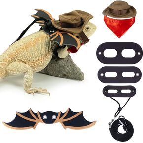Bearded Dragon Leash Bat Wings Hat Costume Set, Adjustable Cowboy Hat Lizard Leash Harness (S/M/L 3 Pack) for Reptile Lizard Leopard Gecko Holiday Party Accessories